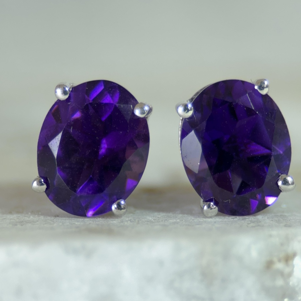 February Birthstone Amethyst Gemstone Stud Sterling Silver Earrings