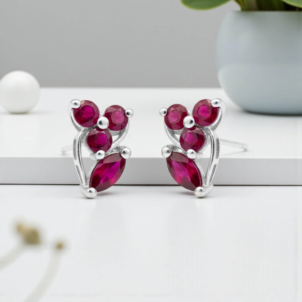 July Birthstone Ruby Gemstone Stud Sterling Silver Earrings women