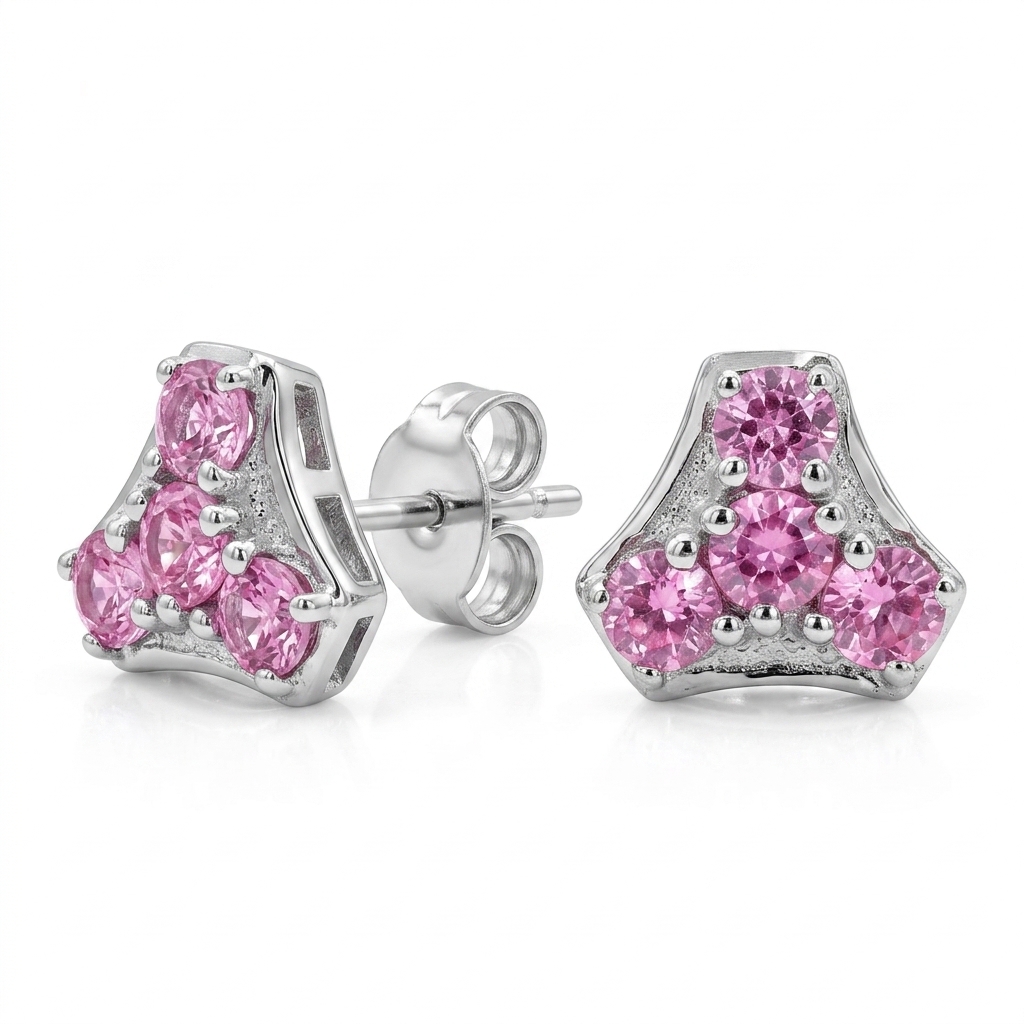 Pink Sapphire Triangular Cluster Sterling Silver Earrings