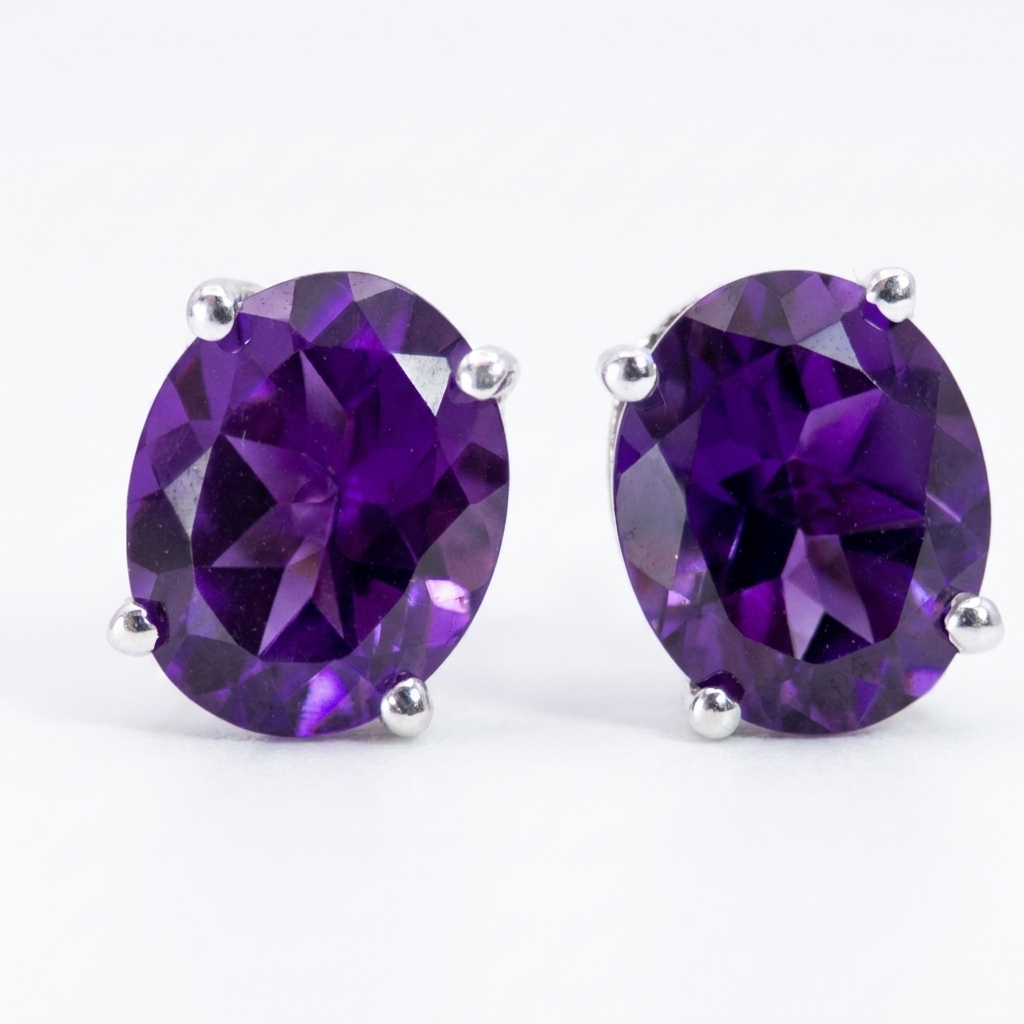 Amethyst Oval Stud Sterling Silver Earrings