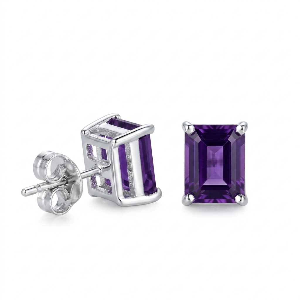 Purple Amethyst Octagon Step-Cut Sterling Silver Earrings