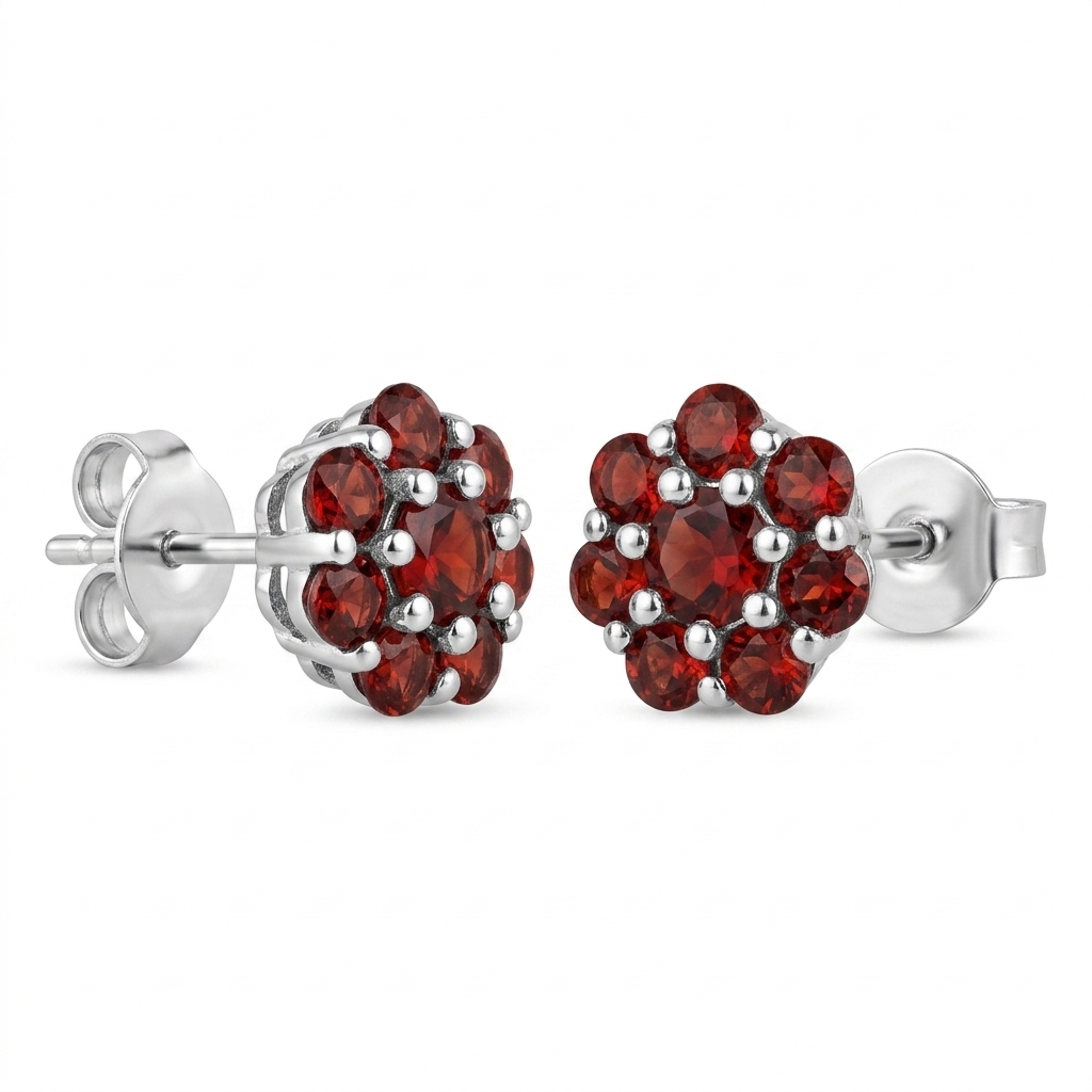 Garnet Flower Cluster Sterling Silver Earrings