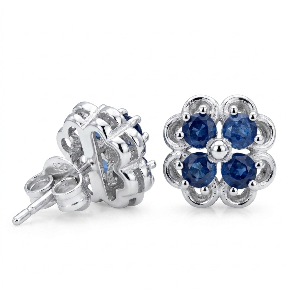 Blue Sapphire Clover Cluster Sterling Silver Earrings