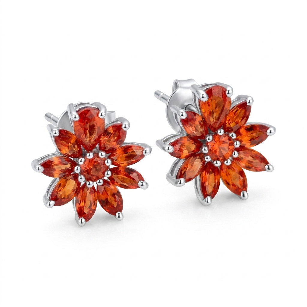 Orange Sapphire Flower Cluster Sterling Silver Earrings